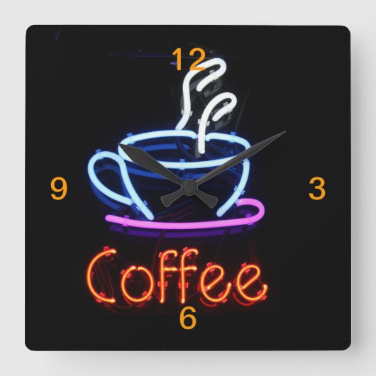 Neon Coffee Sign auf Black Quadratische Wanduhr (Vorderseite)