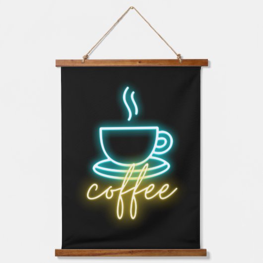 Neon Coffee Symbol & Text Wandteppich Mit Holzrahmen (Vorderseite)