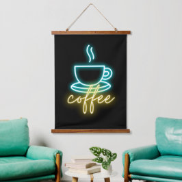 Neon Coffee Symbol & Text Wandteppich Mit Holzrahmen