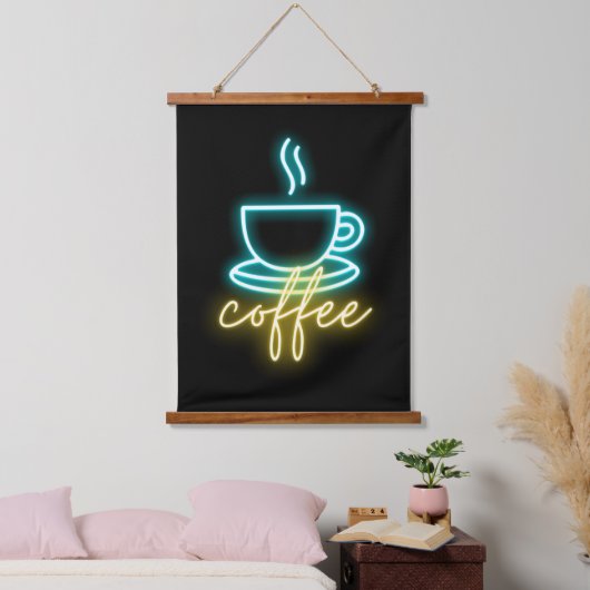Neon Coffee Symbol & Text Wandteppich Mit Holzrahmen (Schlafzimmer)