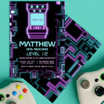 Neon Colorful Retro Arcade Kid Gamer Geburtstag Einladung<br><div class="desc">Dieses neon farbenfrohe Retro Arcade Kid Gamer Birthday Design verfügt über eine Arcade-Maschine, Joysticks, Trophäen, Edelsteine, Kronen, Sterne, Herzen mit einem Computer-Kreislauf-Hintergrund. Dieses Design ist perfekt für die Geburtstagsfeier eines Kindes zum Thema Videospiel. Dieses Design Anzug jedes Geschlecht oder Alter. Sie können alle Details für Ihre Veranstaltung anpassen. Sehen Sie...</div>