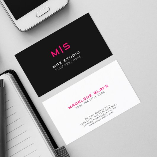 Neon Colors Initial auf Black | Rosa Monogramm Visitenkarte