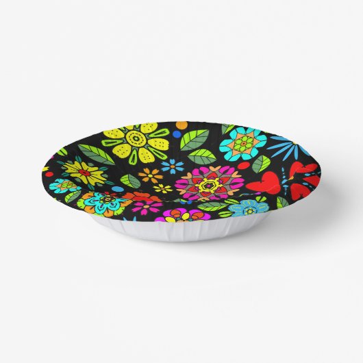 Neon Colors On Black Retro Floral Seamless Pattern Pappteller (Gewinkelt)