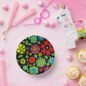 Neon Colors On Black Retro Floral Seamless Pattern Pappteller (Party)