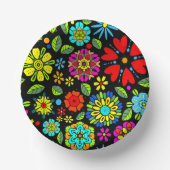 Neon Colors On Black Retro Floral Seamless Pattern Pappteller (Vorderseite)