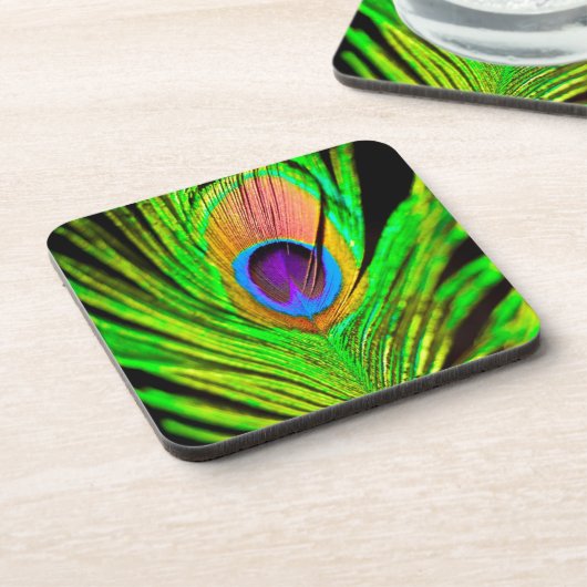 Neon Colors Peacock Feather Getränkeuntersetzer (Linke Seite)