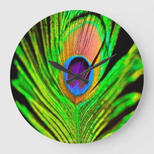 Neon Colors Peacock Feather Große Wanduhr