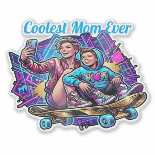 Neon Coolest Mom & Son Synthwave Sticker (Vorderseite)