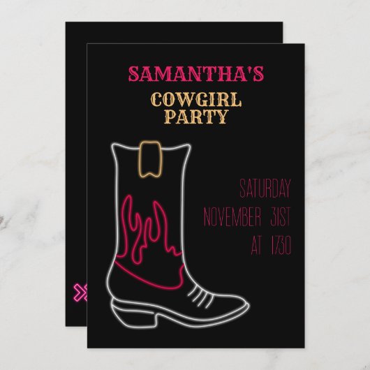 Neon Cowboy/Cowgirl Boot Party Einladung (Vorne/Hinten)