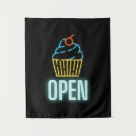 Neon Cupcake Open Sign Wandteppich