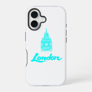 Neon Cyan London Big Ben Skizze Modern Schwarz iPhone 16 Hülle