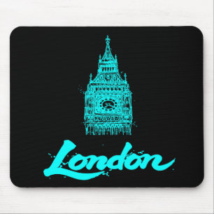 Neon Cyan London Big Ben Skizze Modern Schwarz Mousepad