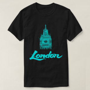 Neon Cyan London Big Ben Skizze Modern Schwarz T-Shirt