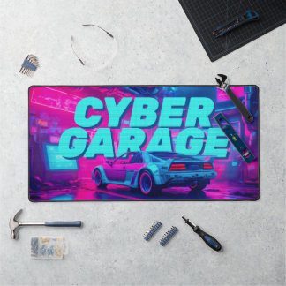 Neon Cyan Magenta Cyberpunk Garage Retro Car Schreibtischunterlage