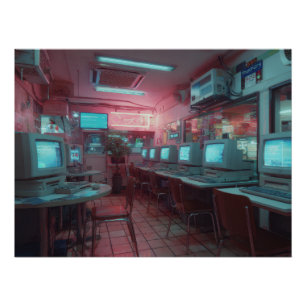 Neon Cyber Café mit Retro-Monitoren Poster