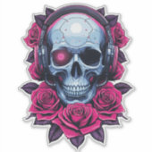 Neon Cyber Death Skull und Rose Aufkleber (Vorderseite)