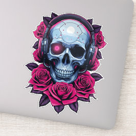 Neon Cyber Death Skull und Rose Aufkleber