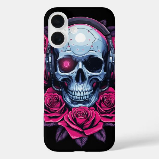 Neon Cyber Death Skull und Rose Black Case-Mate iPhone Hülle (Rückseite)