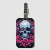 Neon Cyber Death Skull und Rose Black Gepäckanhänger (Vorderseite Vertikal)