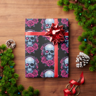 Neon Cyber Death Skull und Rose Black Geschenkpapier