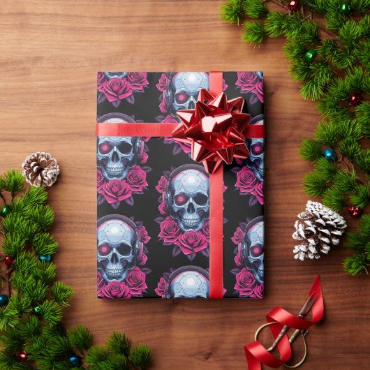 Neon Cyber Death Skull und Rose Black Geschenkpapier (Feiertagsgeschenk)