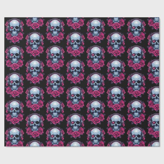 Neon Cyber Death Skull und Rose Black Geschenkpapier (Flach)