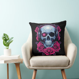 Neon Cyber Death Skull und Rose Black Kissen