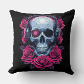 Neon Cyber Death Skull und Rose Black Kissen (Vorderseite)