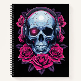Neon Cyber Death Skull und Rose Black Notizblock