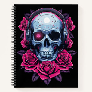 Neon Cyber Death Skull und Rose Black Notizblock