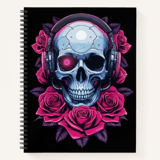 Neon Cyber Death Skull und Rose Black Notizblock (Vorderseite)