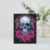 Neon Cyber Death Skull und Rose Black Postkarte (Stehend Vorderseite)