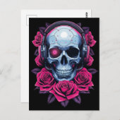 Neon Cyber Death Skull und Rose Black Postkarte (Vorne/Hinten)