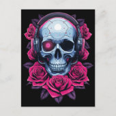 Neon Cyber Death Skull und Rose Black Postkarte (Vorderseite)