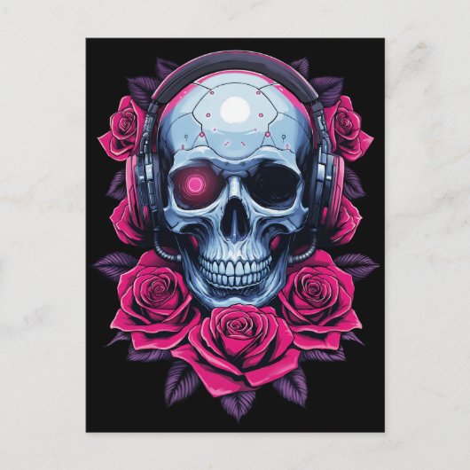 Neon Cyber Death Skull und Rose Black Postkarte (Vorderseite)