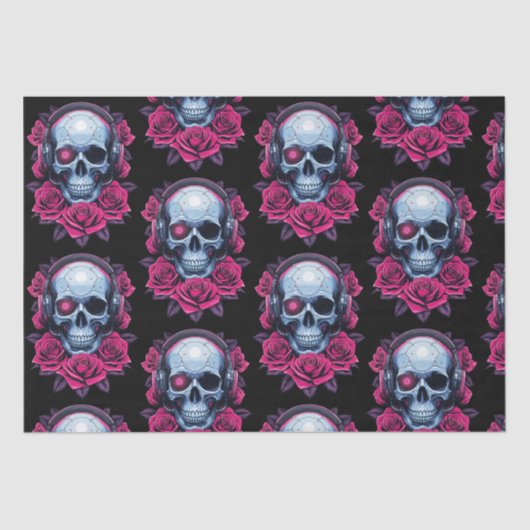 Neon Cyber Death Skull und Rose Black Seidenpapier (Vorderseite)