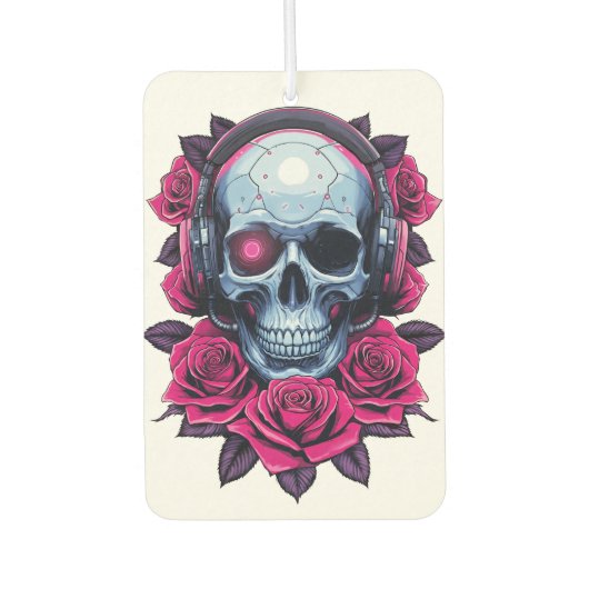 Neon Cyber Death Skull und Rose Weiß Autolufterfrischer (Vorderseite)