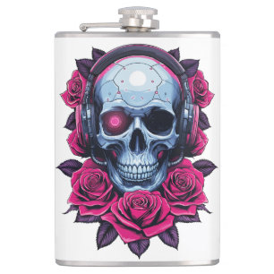 Neon Cyber Death Skull und Rose Weiß Flachmann