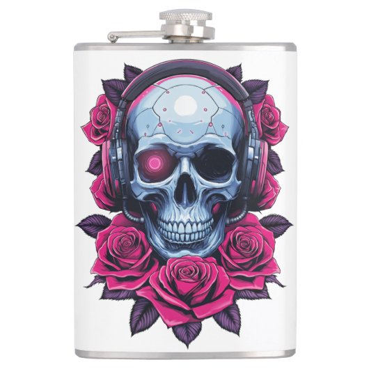 Neon Cyber Death Skull und Rose Weiß Flachmann (Vorderseite)
