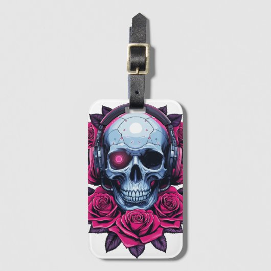 Neon Cyber Death Skull und Rose Weiß Gepäckanhänger (Vorderseite Vertikal)