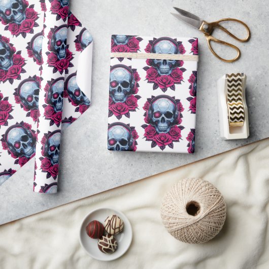 Neon Cyber Death Skull und Rose Weiß Geschenkpapier (Kunsthandwerk)