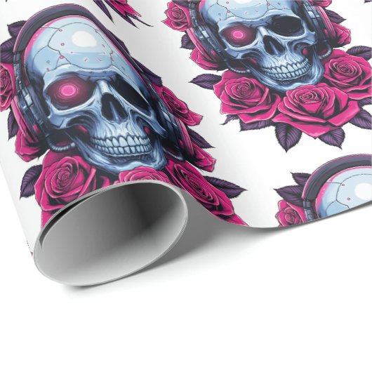 Neon Cyber Death Skull und Rose Weiß Geschenkpapier (Rolleneckpunkt)