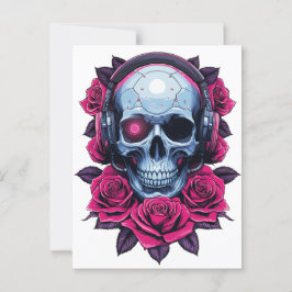 Neon Cyber Death Skull und Rose Weiß Postkarte