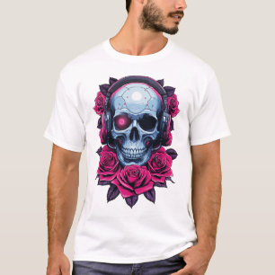 Neon Cyber Death Skull und Rose Weiß T-Shirt