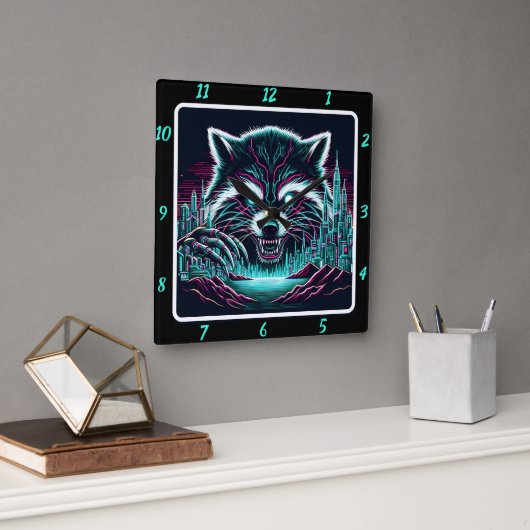 Neon Cyber Raccoon City Quadratische Wanduhr (Büro)