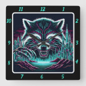 Neon Cyber Raccoon City Quadratische Wanduhr (Vorderseite)