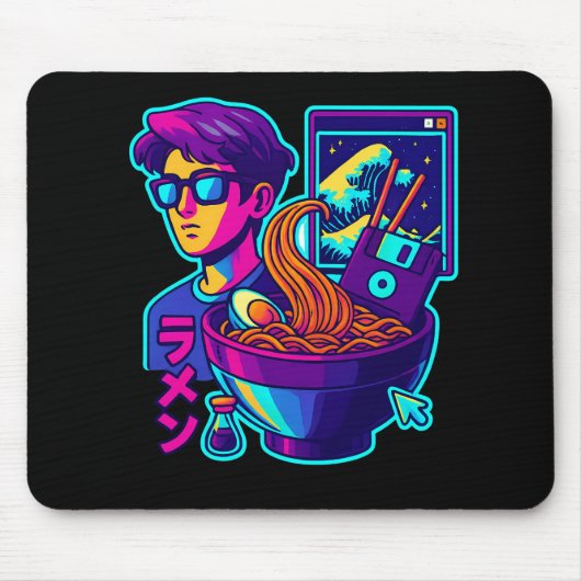 Neon Cyber Ramen - Vaporwave Retro Ästhetische Kun Mousepad (Vorne)