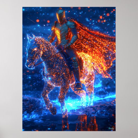 Neon Cyber Ritter auf einem leuchtenden Pferd - fu Poster (Vorne)