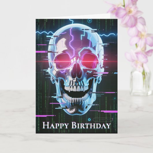 Neon Cyber Skull: Digitaler Vortrag Karte (Orchidee)