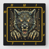 Neon Cyber Wolf Luminous Quadratische Wanduhr (Vorderseite)